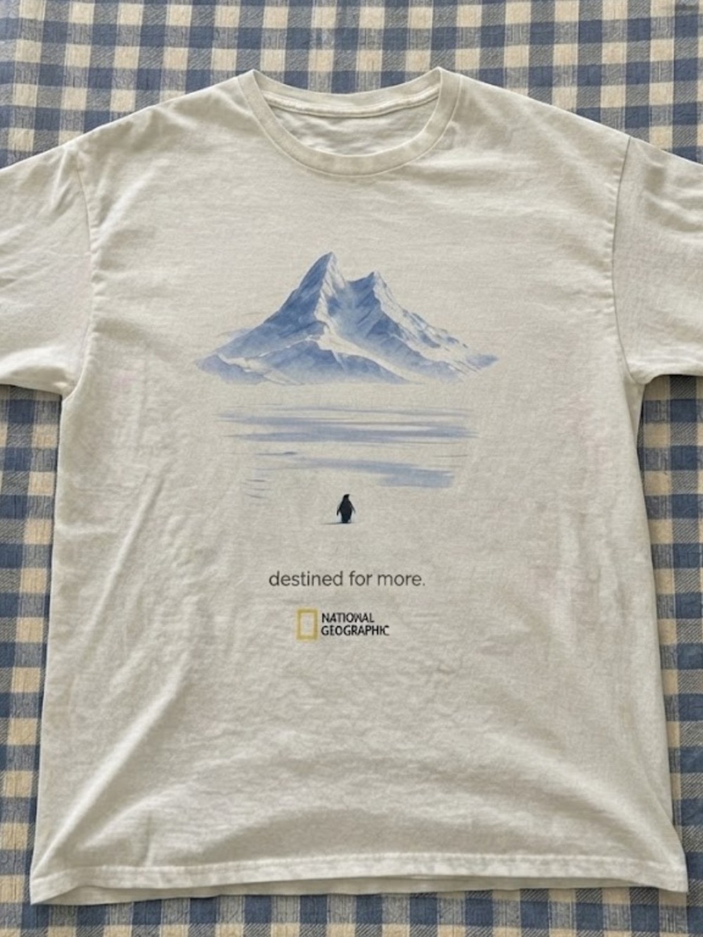 National Geographic White Tee with Blue Mountain & Penguin Graphic